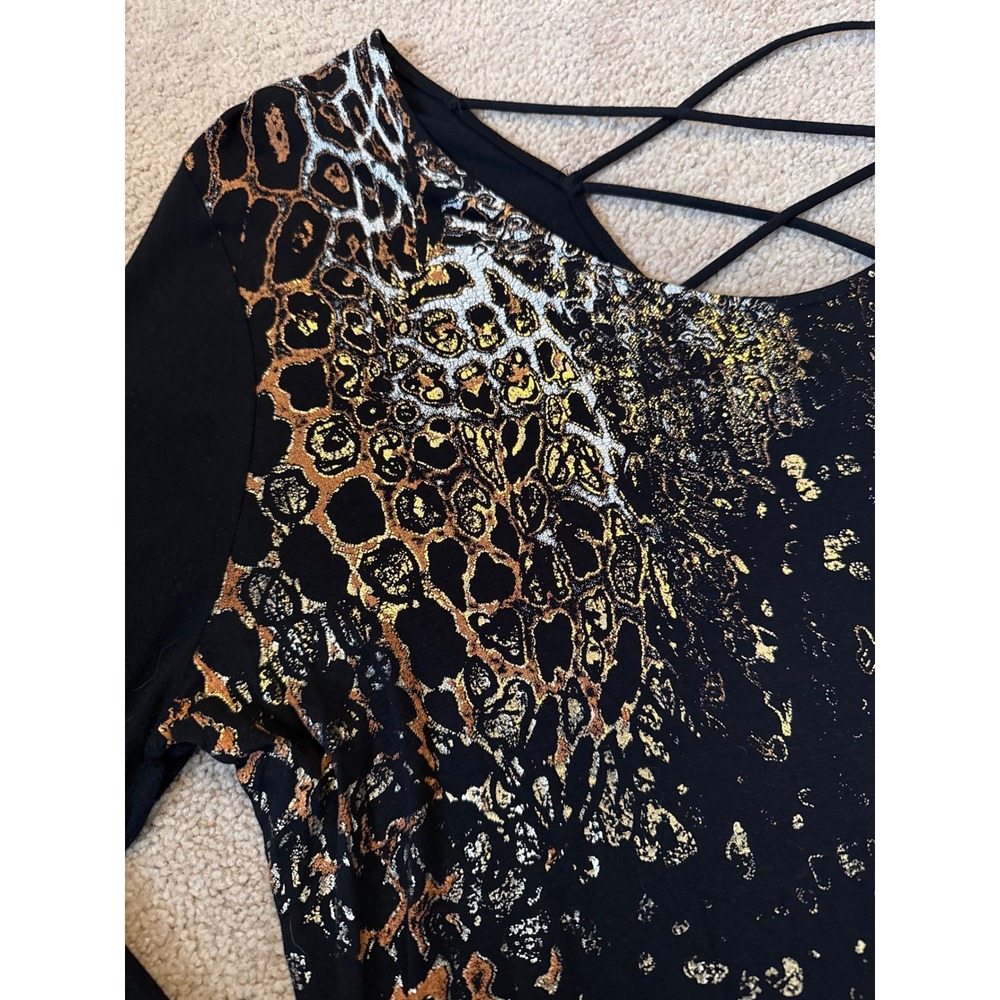 Rock & Republic Black Gold Leopard Print Long Sleeve Criss Cross Back Size XL - Picture 2 of 9